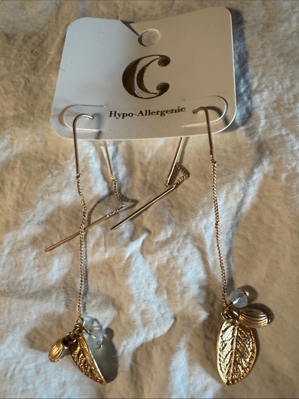 Gold Leaf Drop Chain Earrings with Charms